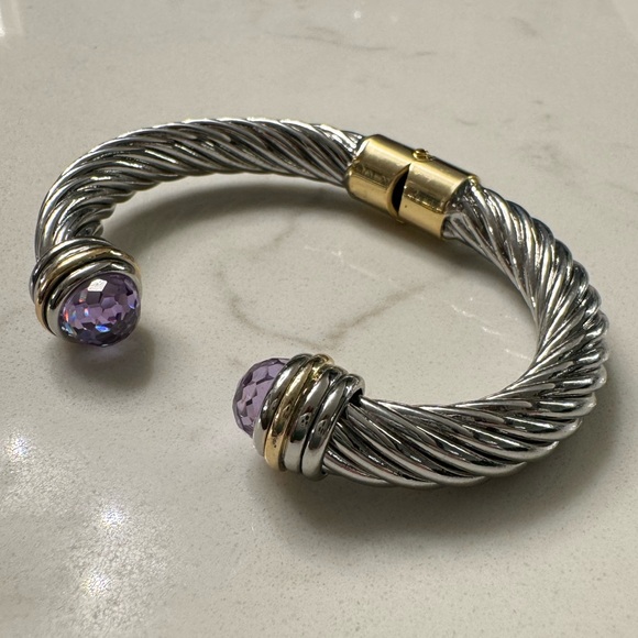 Two Tone Cable Bracelet Hinged Open Cuff with Large Purple Crystals - Picture 2 of 14